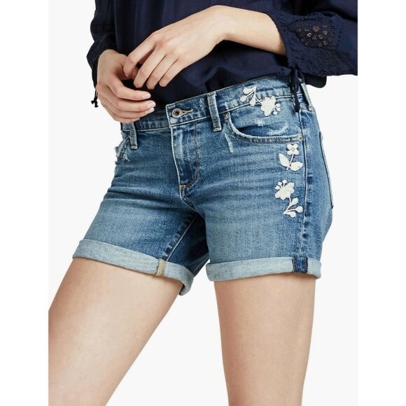 Lucky Brand Pants - LUCKY BRAND Womens' Blue Palms Floral Embroidered Roll Up Denim Shorts Sz 14/32